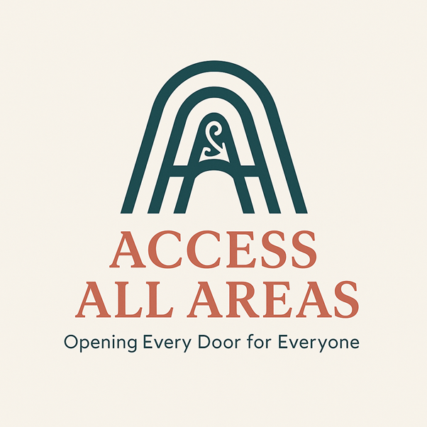 access all areas logo layering 3 A's with a koru in the middle to symbolise togetherness and growth. Below the logo are the words opening everydoor for everyone